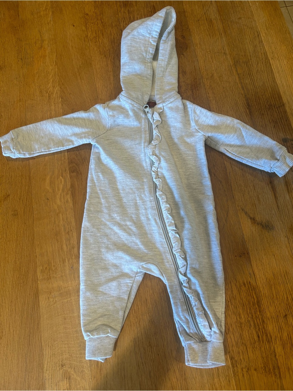 7 For All Mankind Light Gray Hooded Ruffle Zip One-Piece